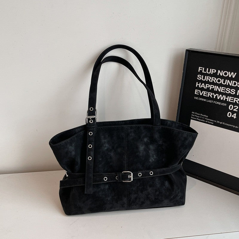 Belted Faux Suede Slouchy Shoulder Tote - Black