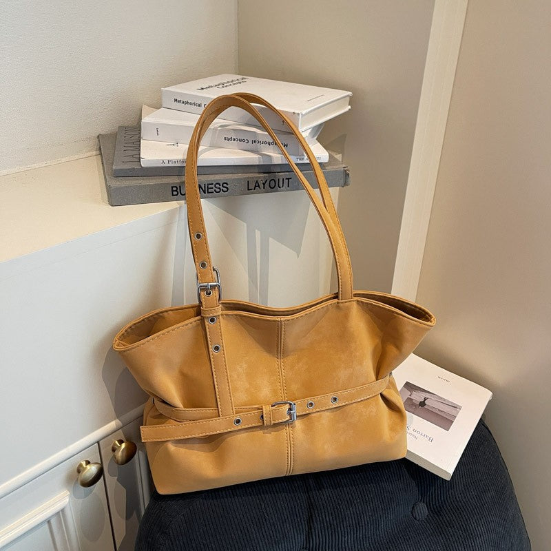 Belted Faux Suede Slouchy Shoulder Tote - Tan