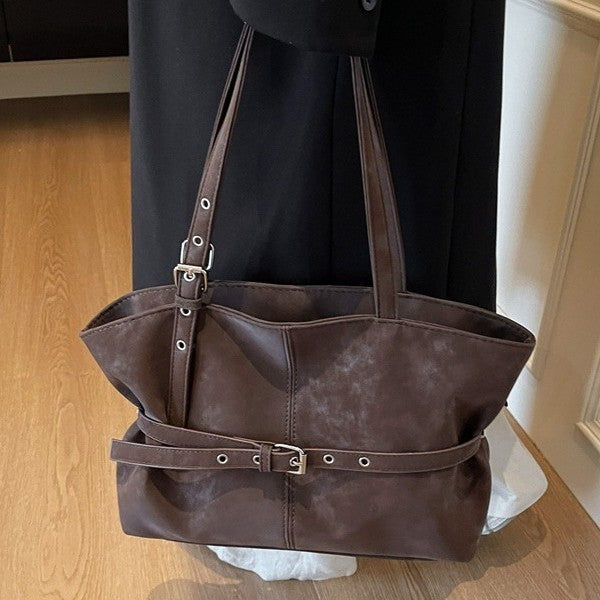 Belted Faux Suede Slouchy Shoulder Tote