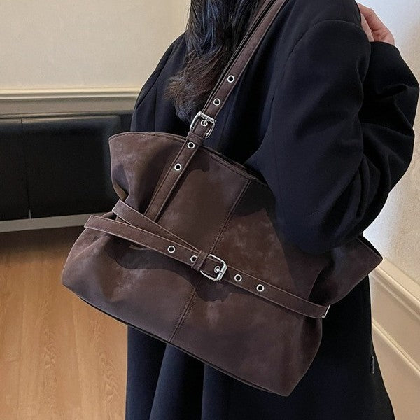 Belted Faux Suede Slouchy Shoulder Tote