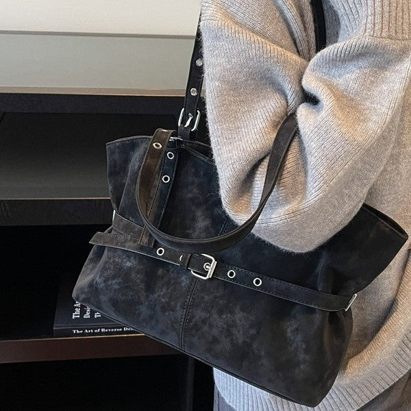 Belted Faux Suede Slouchy Shoulder Tote