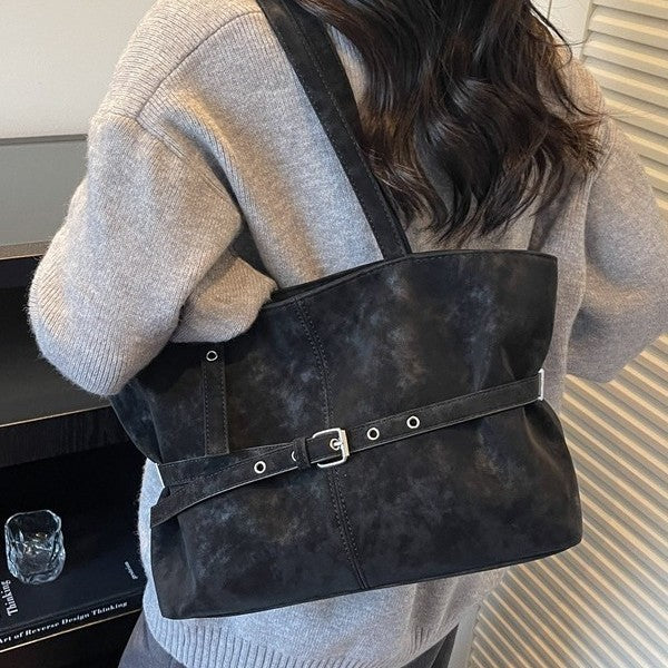 Belted Faux Suede Slouchy Shoulder Tote