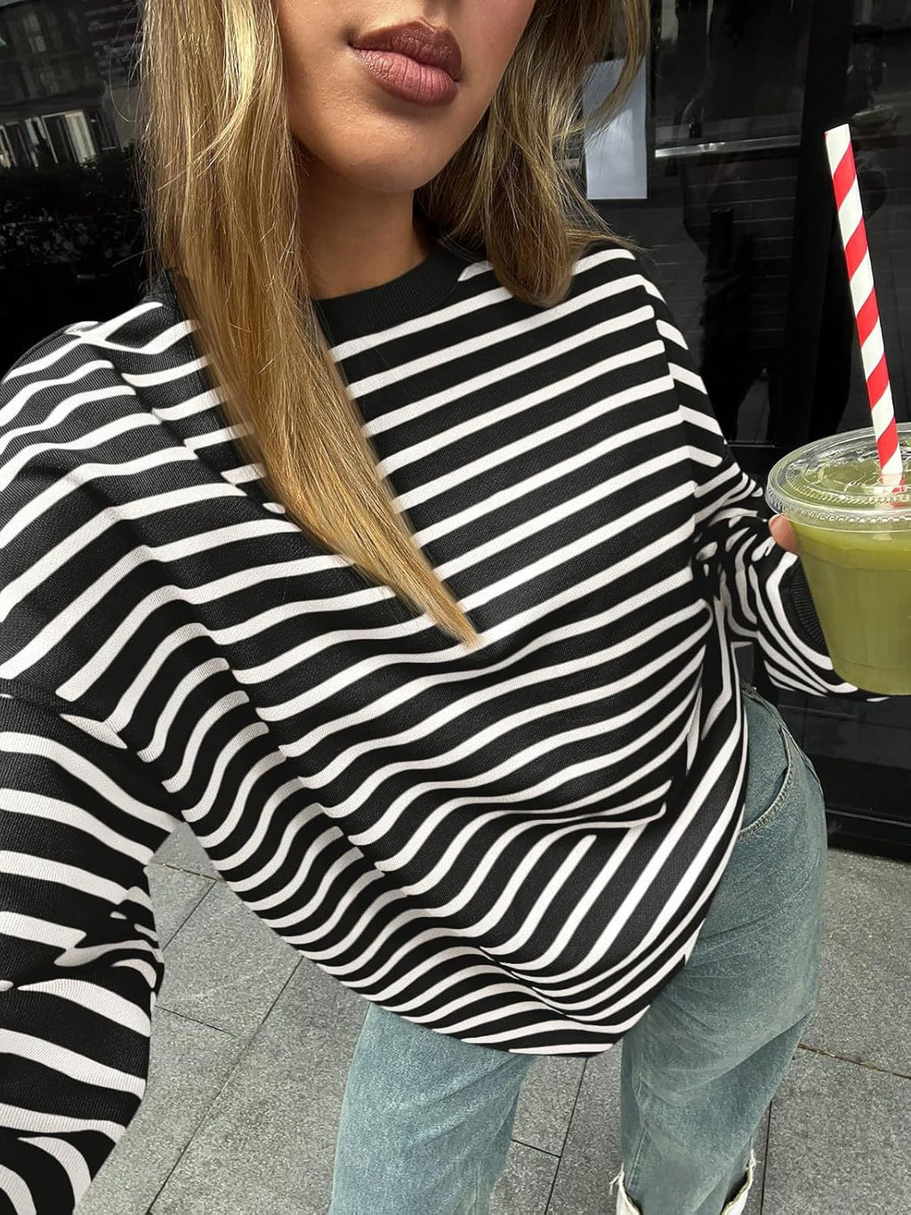 Striped Oversized Drop Shoulder Crewneck Sweatshirt - Black - 2