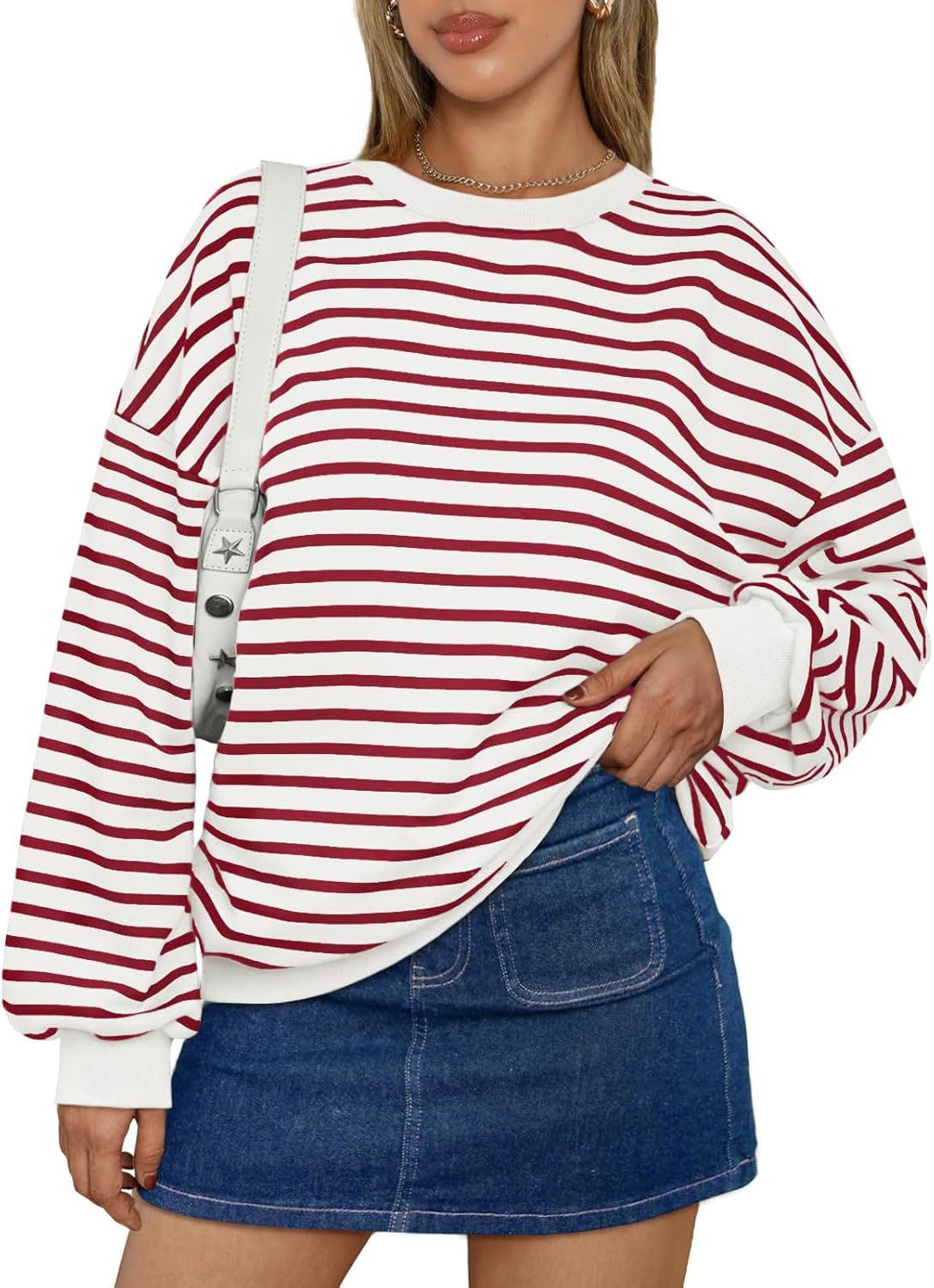Striped Oversized Drop Shoulder Crewneck Sweatshirt - Red
