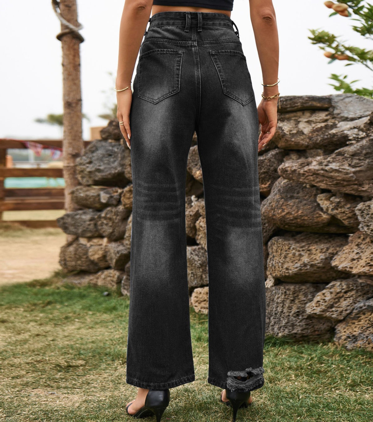 Ripped Wide Leg Straight Jeans - Black - 1