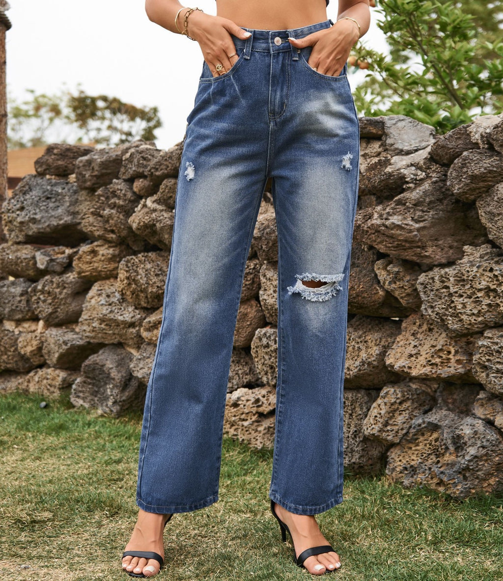 Ripped Wide Leg Straight Jeans - Blue