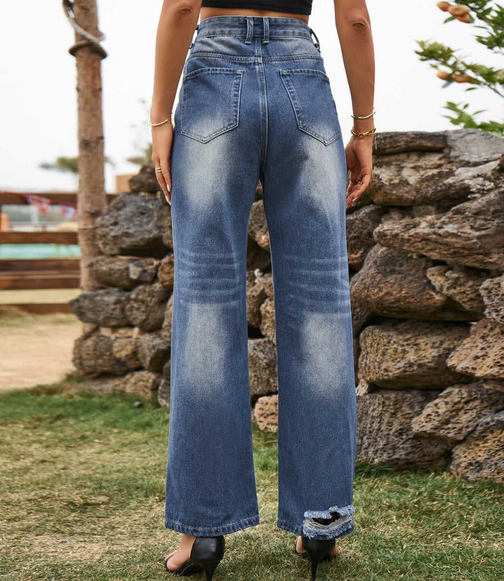 Ripped Wide Leg Straight Jeans - Blue - 3