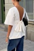 Wide Sleeve Belted Peplum Open Back Top - white