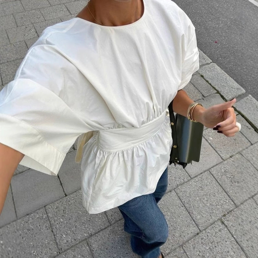 Wide Sleeve Belted Peplum Open Back Top - white - 1