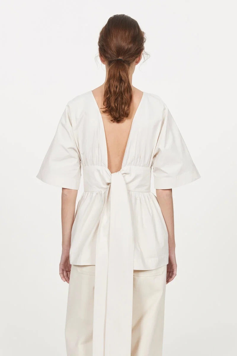 Wide Sleeve Belted Peplum Open Back Top - white - 10