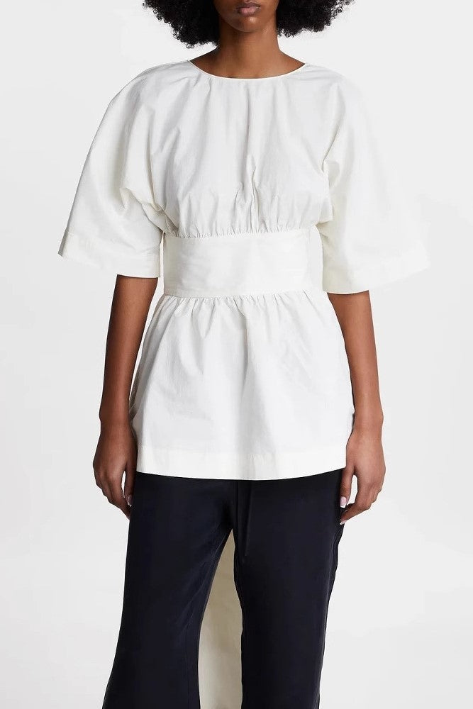 Wide Sleeve Belted Peplum Open Back Top - white - 4