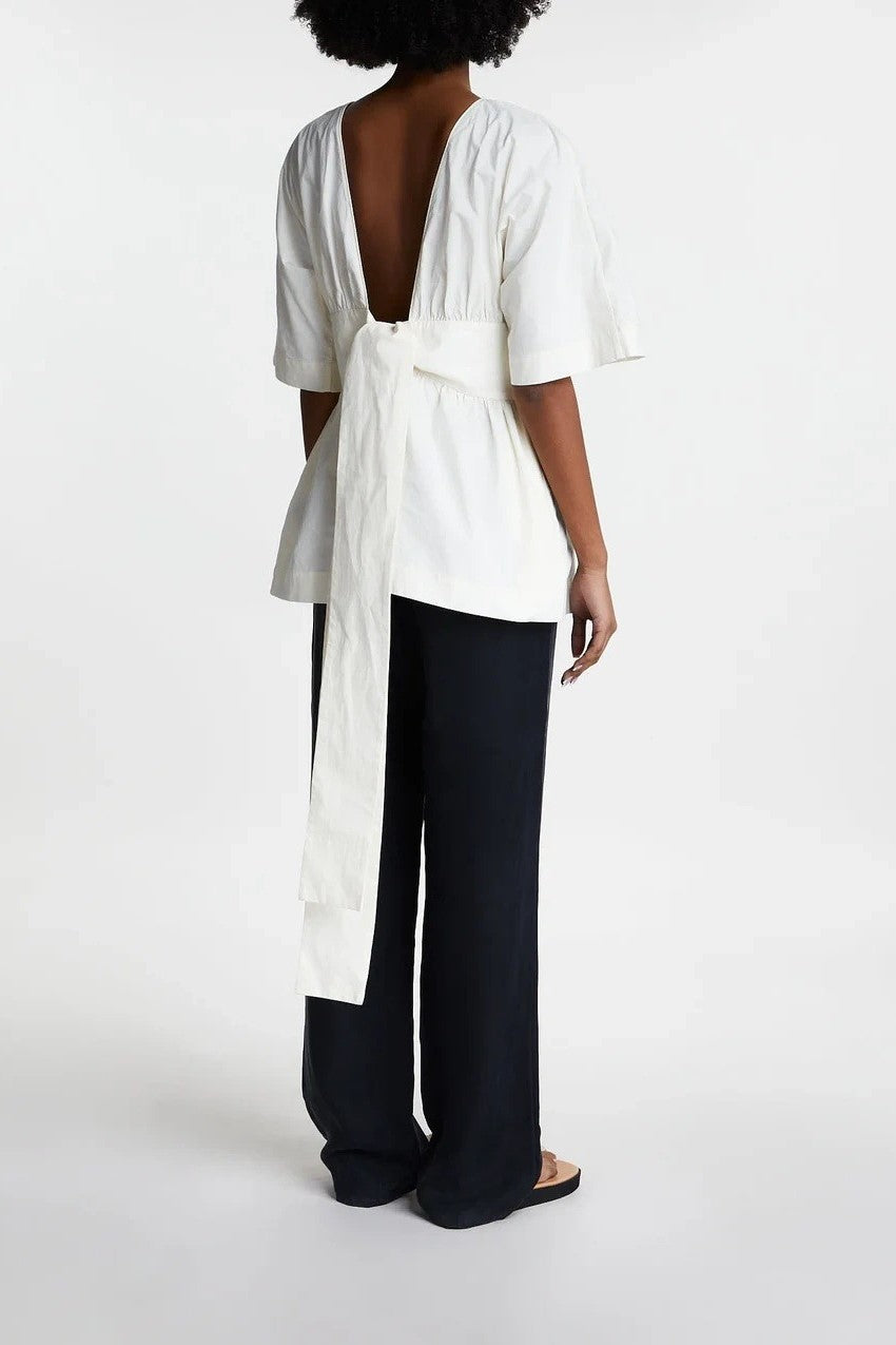 Wide Sleeve Belted Peplum Open Back Top - white - 5