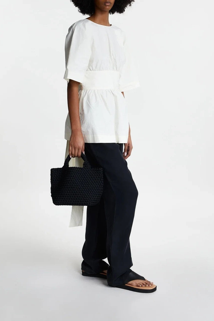 Wide Sleeve Belted Peplum Open Back Top - white - 6