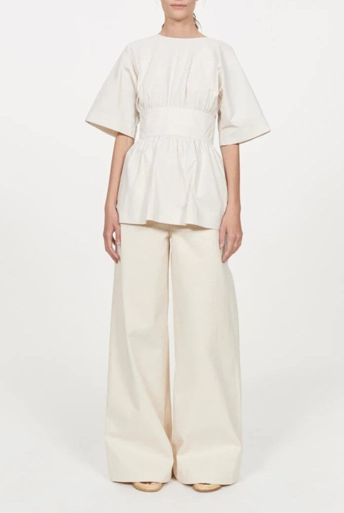 Wide Sleeve Belted Peplum Open Back Top - white - 8