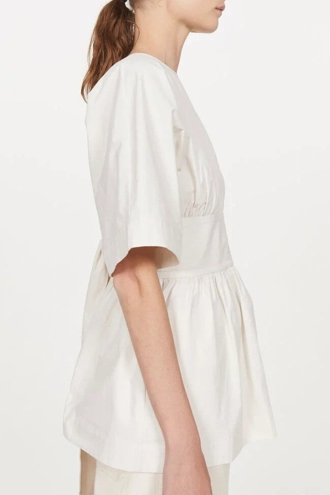 Wide Sleeve Belted Peplum Open Back Top - white - 9