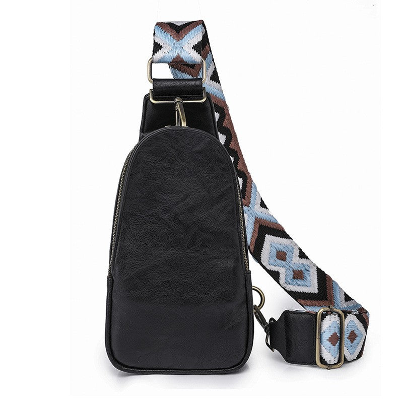 Distressed Vegan Leather Sling Bag with Boho Strap - Black