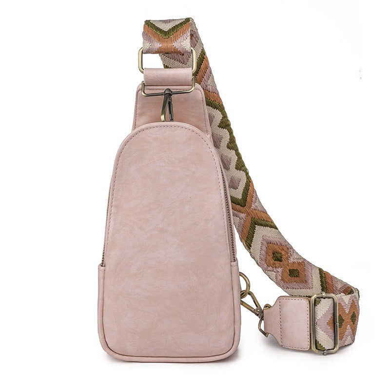 Distressed Vegan Leather Sling Bag with Boho Strap - Blush Pink