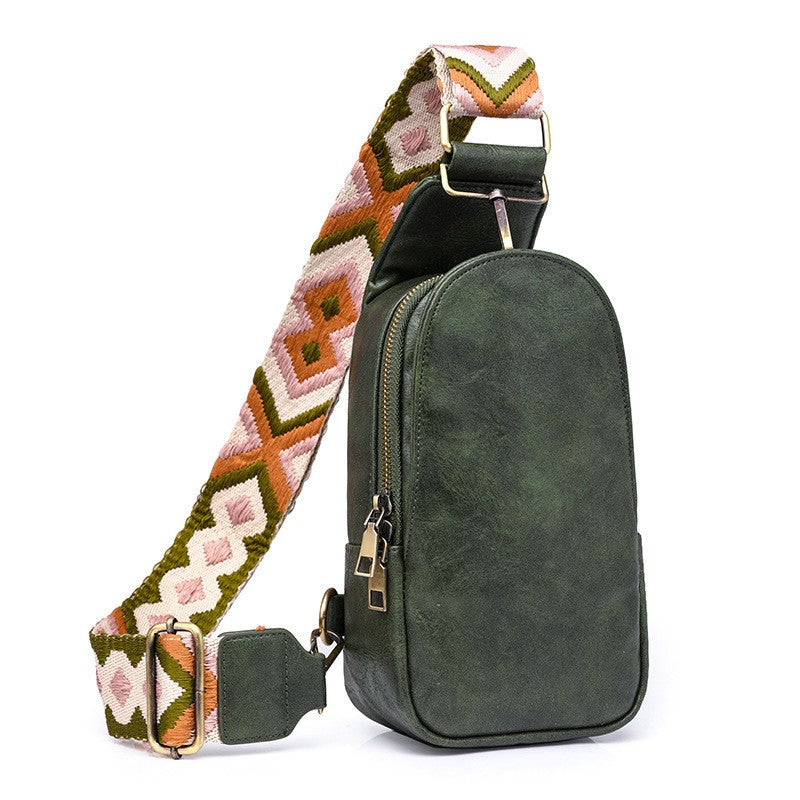 Distressed Vegan Leather Sling Bag with Boho Strap - Forest Green