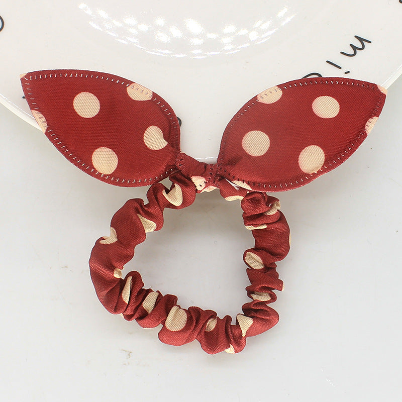 Rabbit Ear Bow Fabric Hair Scrunchie - WineRed