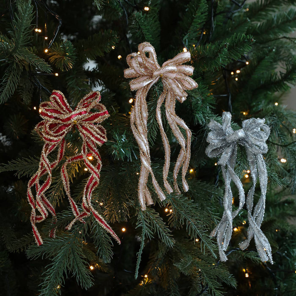 Sparkly Striped Ribbon Christmas Tree Bows, Set of 2