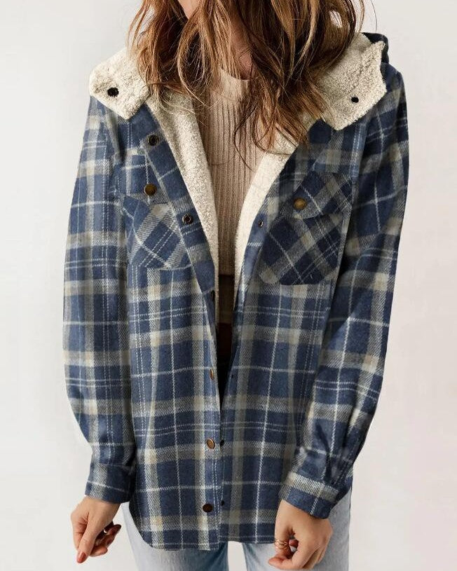 Sherpa Hooded Plaid Shirt Jacket - Blue