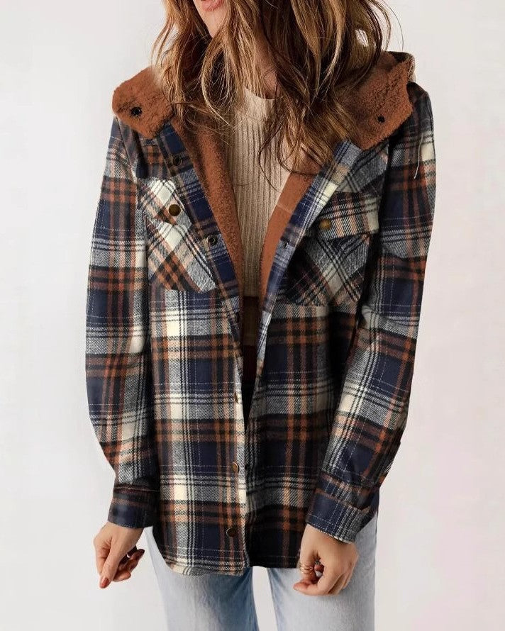 Sherpa Hooded Plaid Shirt Jacket - Brown