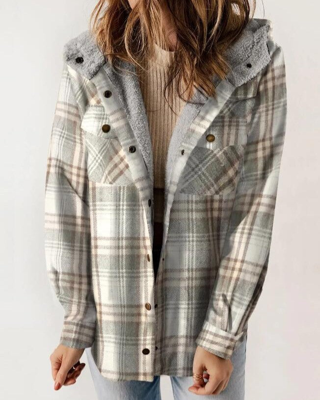 Sherpa Hooded Plaid Shirt Jacket - Grey