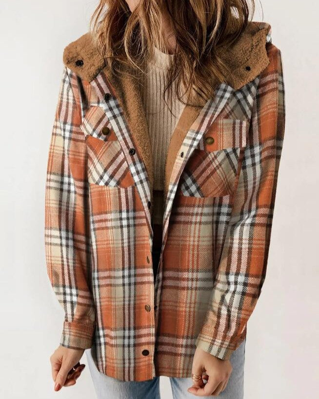 Sherpa Hooded Plaid Shirt Jacket - Orange