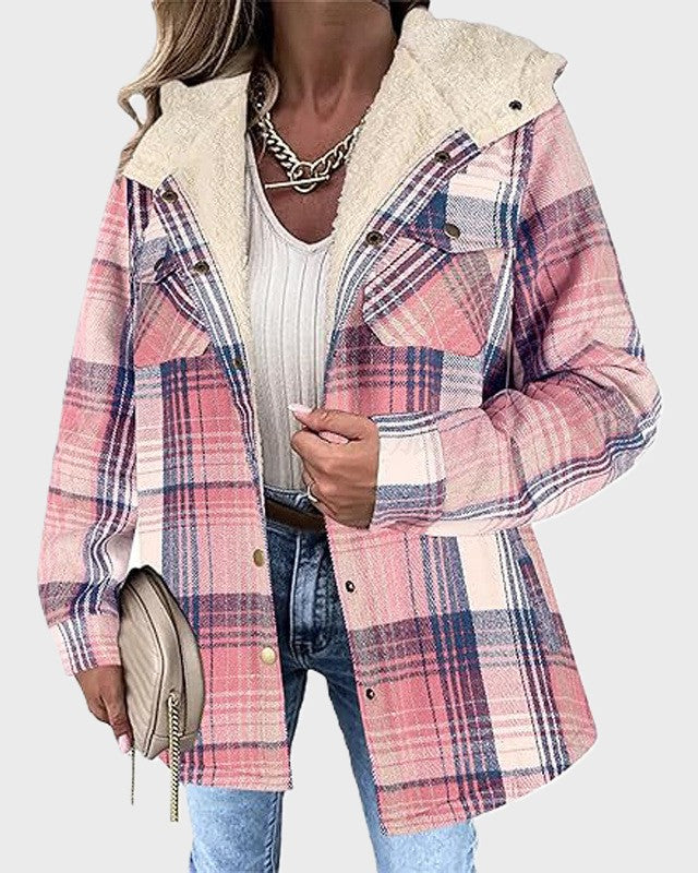 Sherpa Hooded Plaid Shirt Jacket - Pink