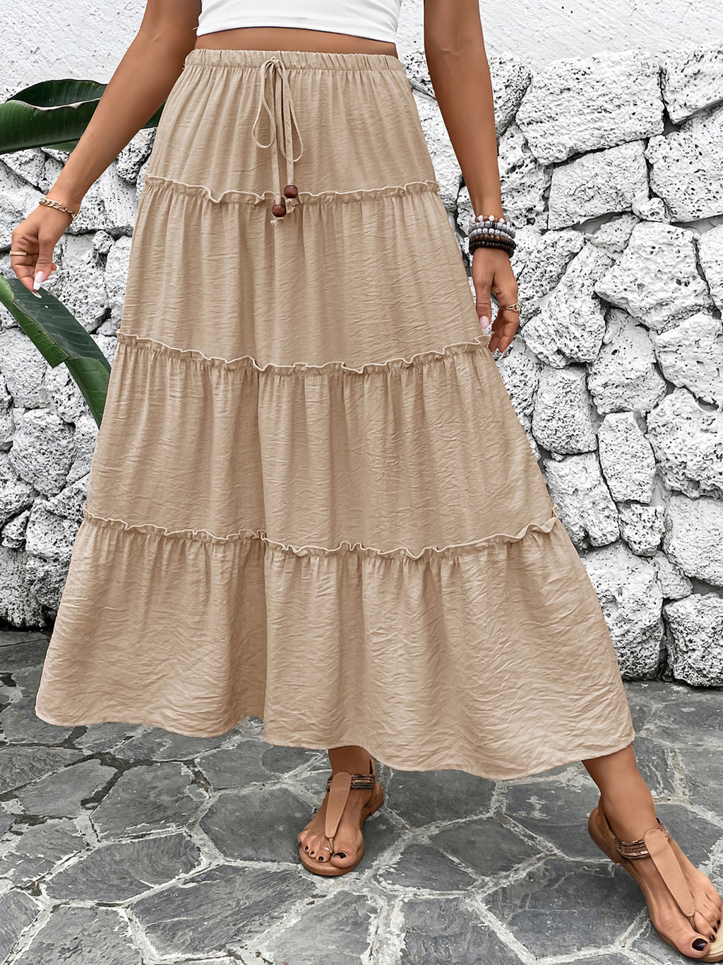 Tiered Drawstring Waist A Line Maxi Skirt - Khaki