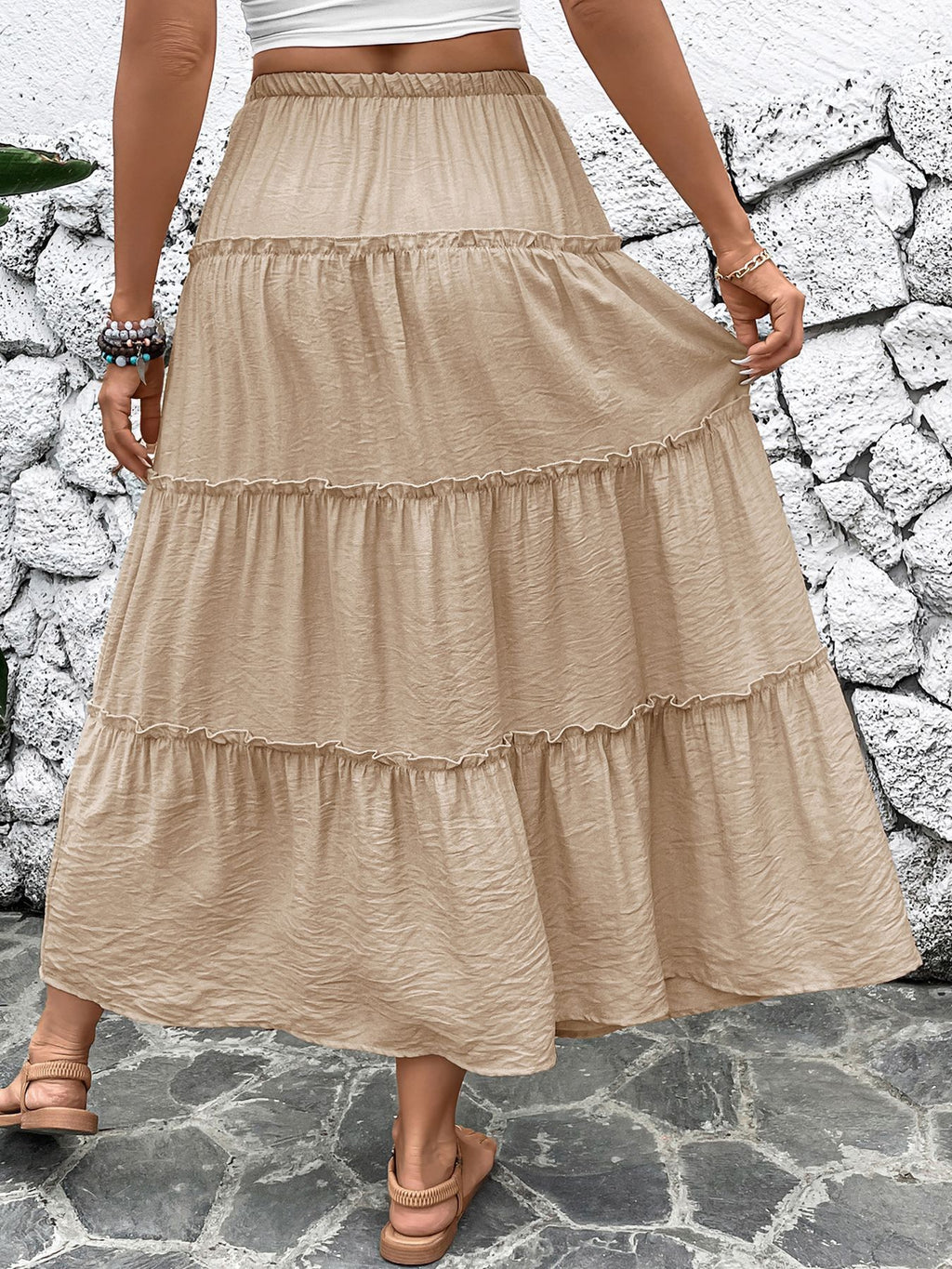 Tiered Drawstring Waist A Line Maxi Skirt - Khaki - 1