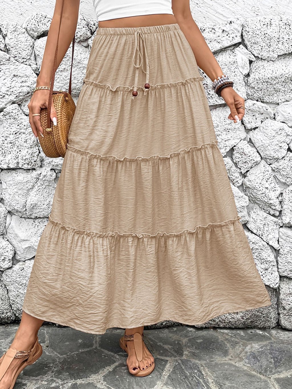 Tiered Drawstring Waist A Line Maxi Skirt - Khaki - 2