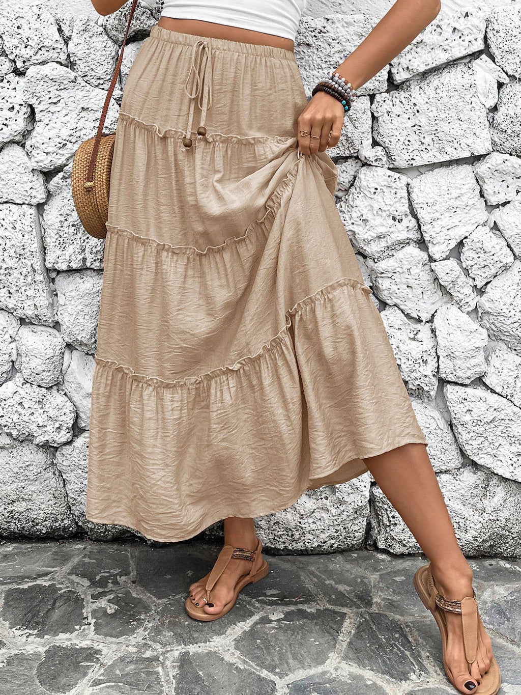 Tiered Drawstring Waist A Line Maxi Skirt