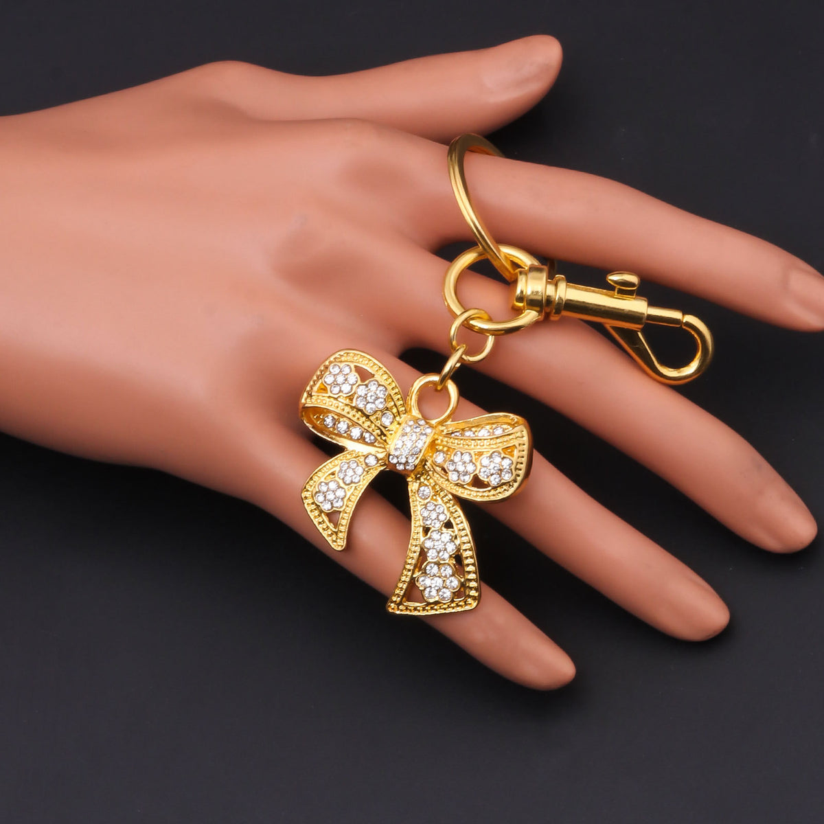 Rhinestone Bow Charm Keychain - Gold - 1