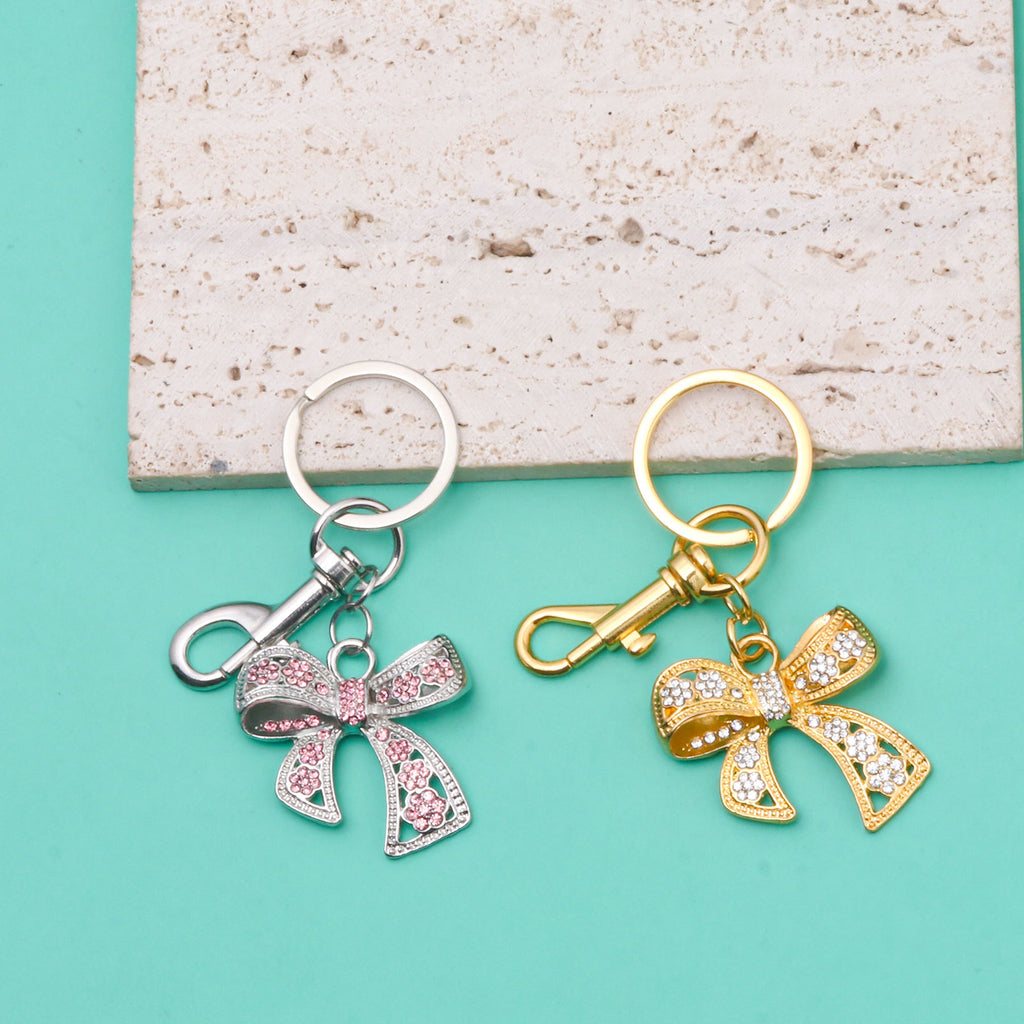 Rhinestone Bow Charm Keychain - Silvery