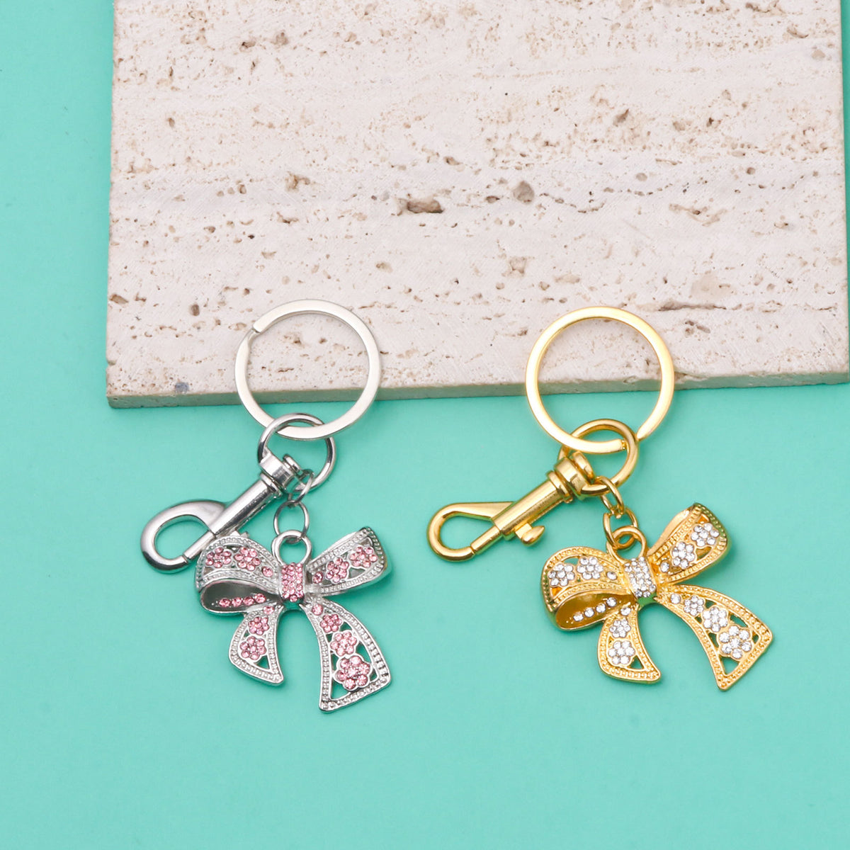 Rhinestone Bow Charm Keychain - Silvery