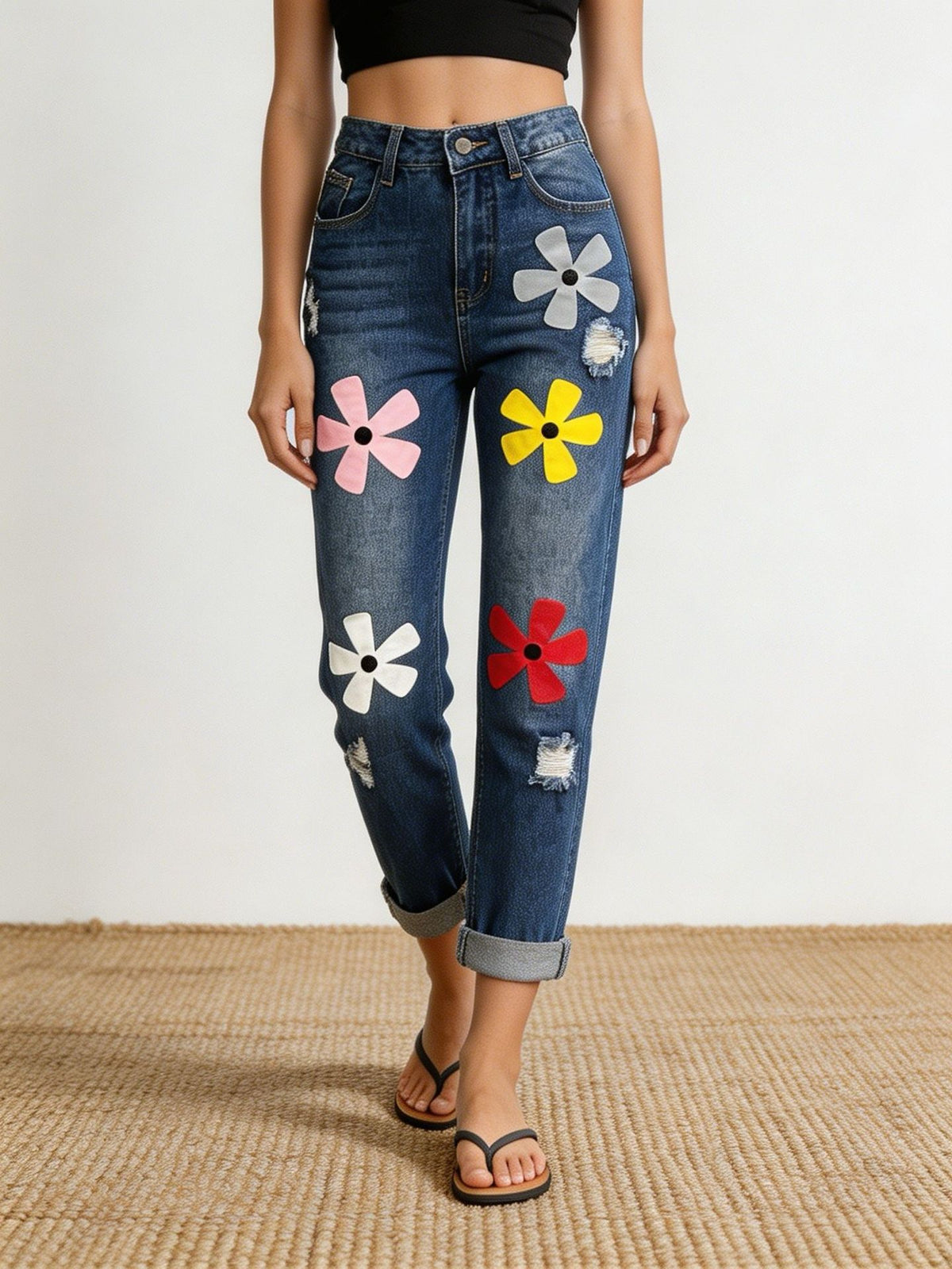 Daisy Applique Straight Leg Jeans - Blue