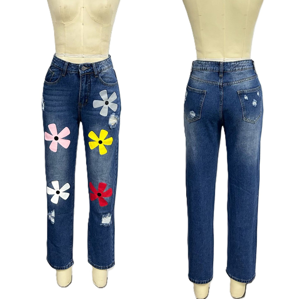 Daisy Applique Straight Leg Jeans - Blue - 1
