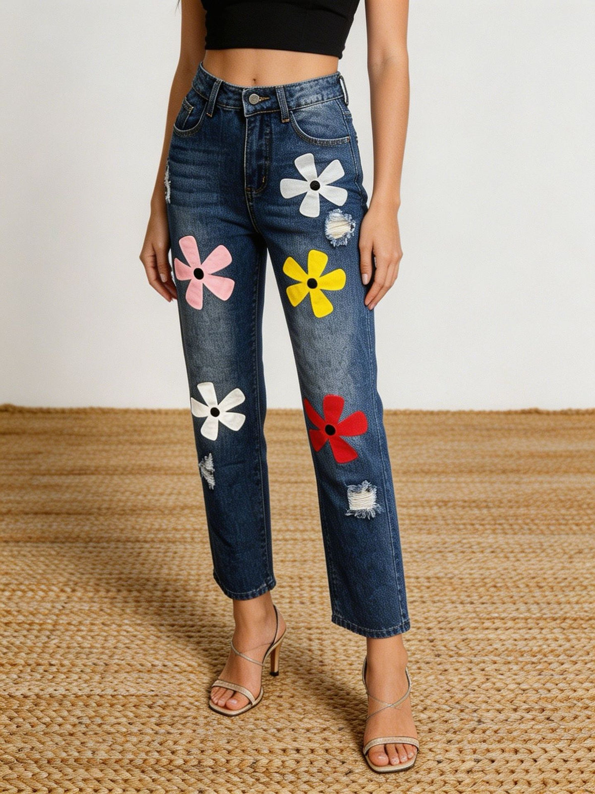 Daisy Applique Straight Leg Jeans - Blue - 2