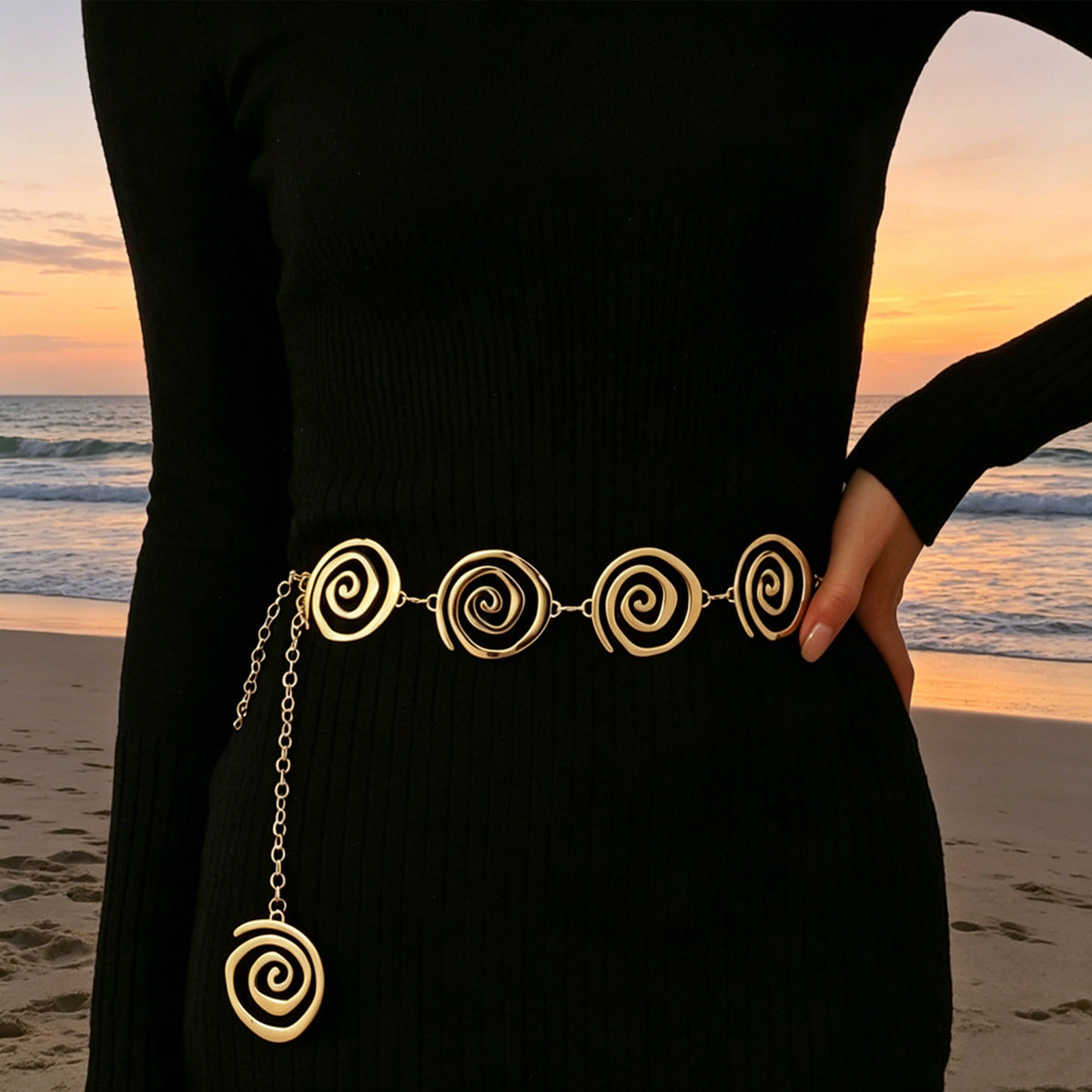 Open Spiral Disc Metal Link Belly Chain - Gold - 2