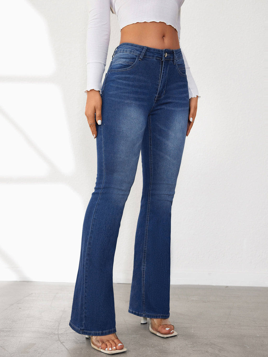 High Waisted Stretch Flare Jeans - Blue - 5