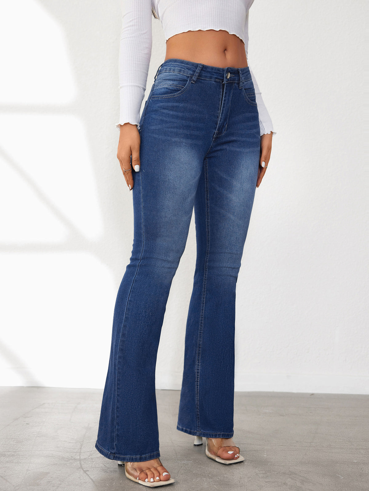 High Waisted Stretch Flare Jeans - Blue - 5