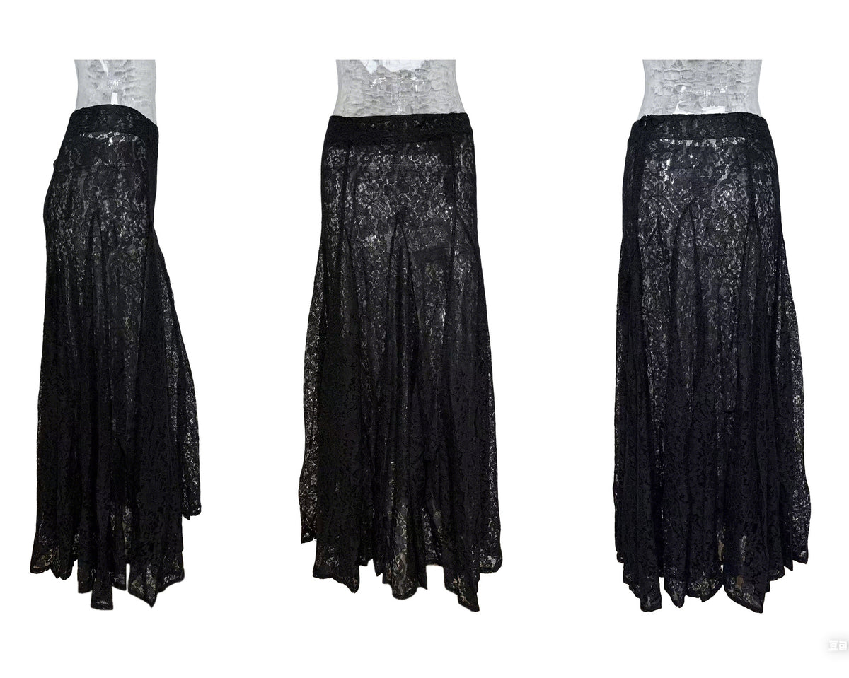 Sheer Lace High Slit Maxi Skirt - Black
