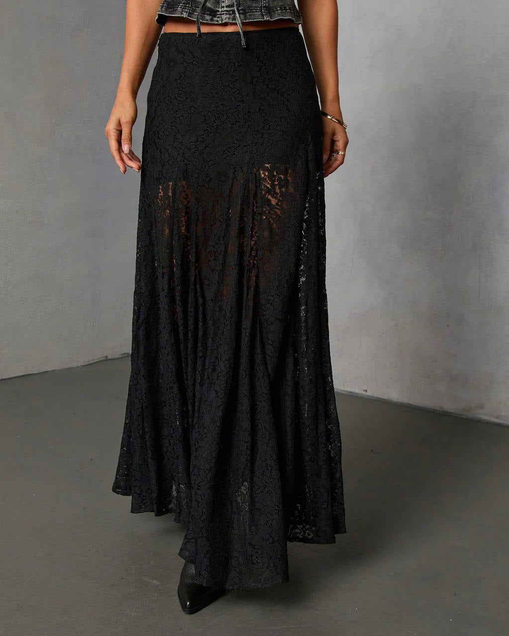 Sheer Lace High Slit Maxi Skirt - Black - 1