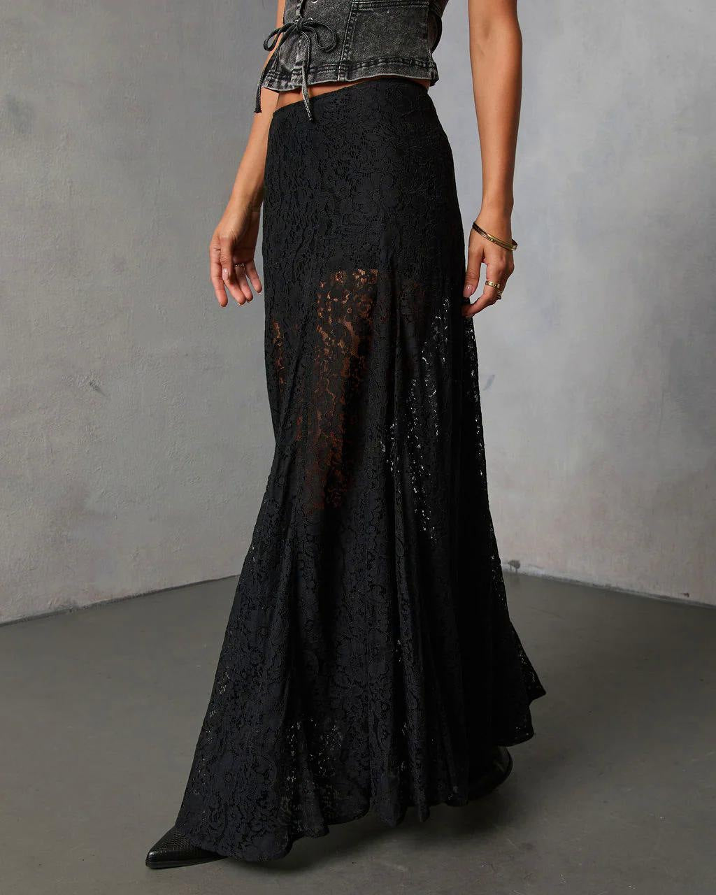 Sheer Lace High Slit Maxi Skirt - Black - 2