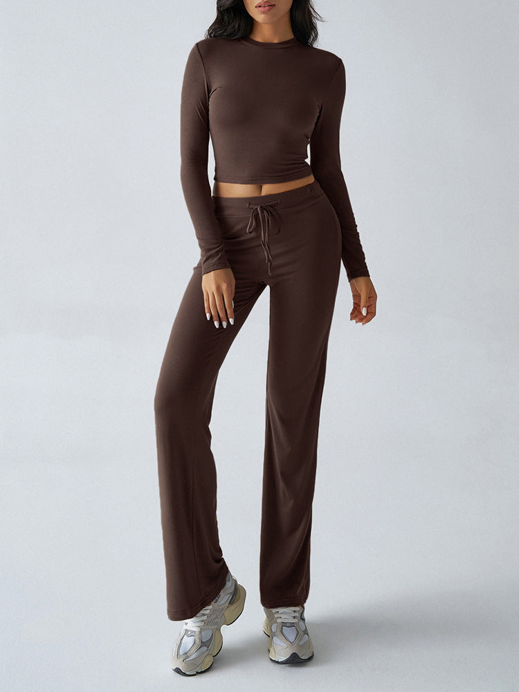 Ribbed Crop Top Drawstring Flare Pants Set - Brown - 1