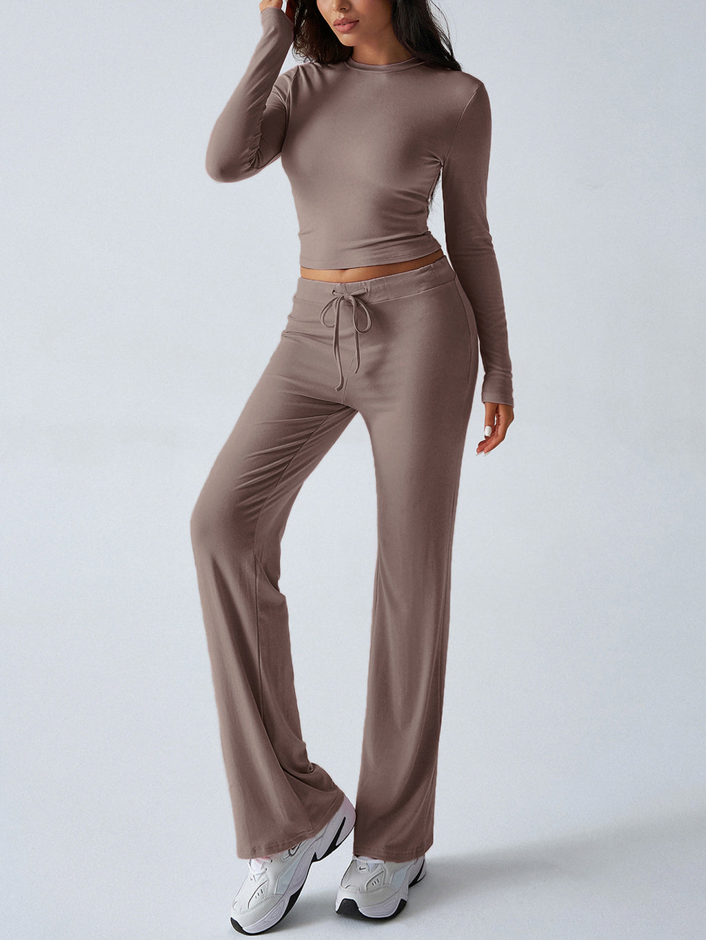 Ribbed Crop Top Drawstring Flare Pants Set - Camel - 1