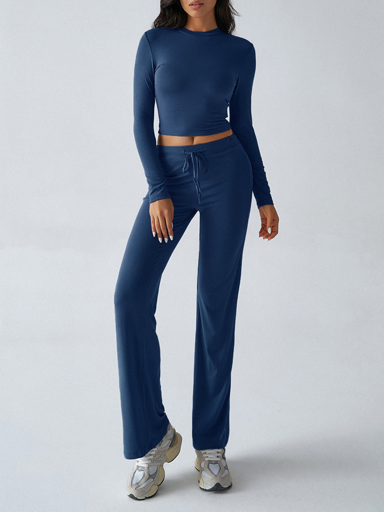 Ribbed Crop Top Drawstring Flare Pants Set - Darkblue