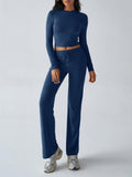 Ribbed Crop Top Drawstring Flare Pants Set - Darkblue
