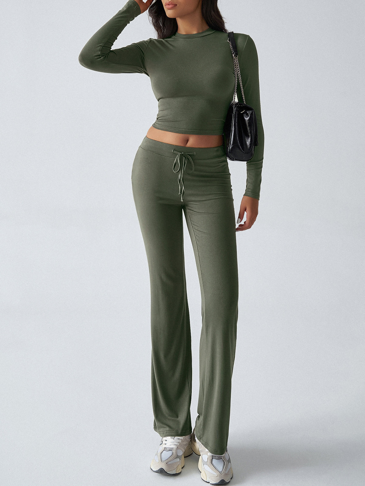 Ribbed Crop Top Drawstring Flare Pants Set - Green